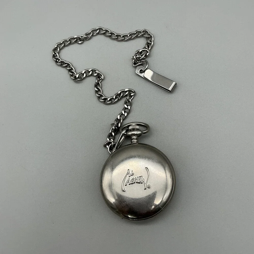 Al Agnew Pocket Watch Men 47mm Silver Tone Wolf Full Hunter Chain Analog